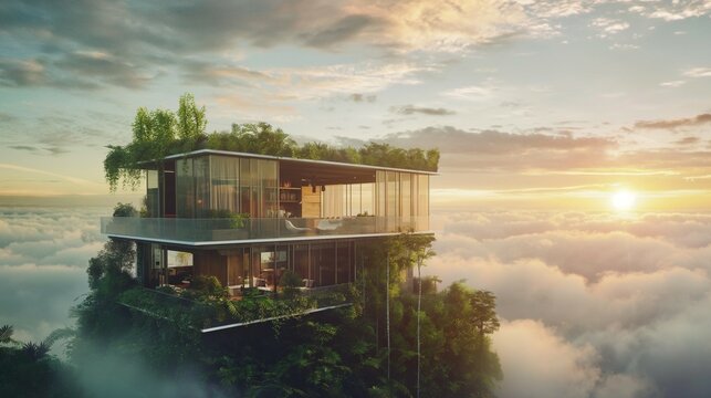 A house built on top of a cliff with clouds below it. 