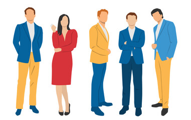  Set of young men and woman , different colors, cartoon character, group of silhouettes of standing business people, students, design concept of flat icon, isolated on white background