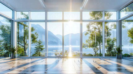 Nature-Inspired Interior Design, Modern Room with Lake and Mountain Views, Spacious and Tranquil Living Space