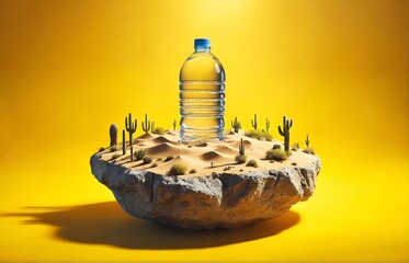 a desert landscape atop an isolated rock against a bright yellow background