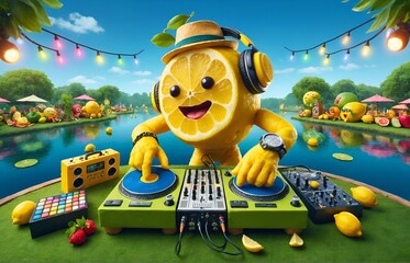 A character made entirely from lemons, performing as a DJ