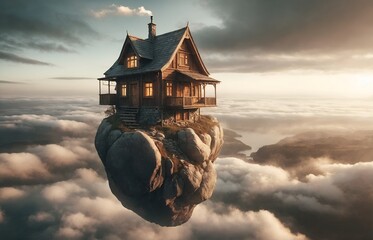 a wooden house perched atop a solitary rock, floating in mid-air