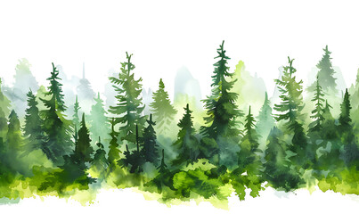 Watercolor stylized illustration of green forest and trees, Generative AI