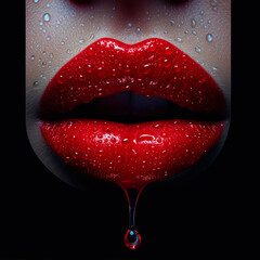 Red lips with drops of water on a black background close-up