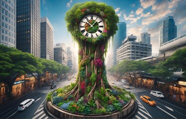 a clock tower in the heart of a city, made of lush plants and flowers