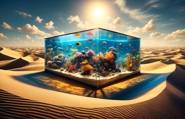 a vivid aquarium full of tropical fish located amidst the sands of the desert