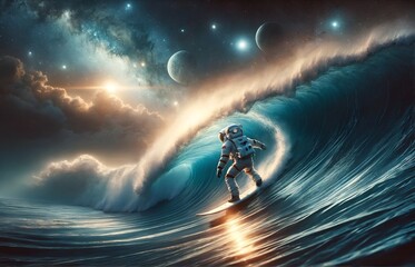 an astronaut surfing cosmic waves
