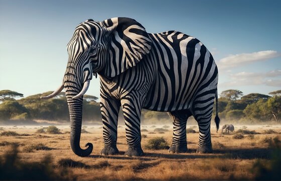 an elephant with zebra-striped skin