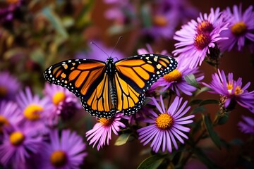 Monarch Butterfly Perching on Purple Wild Asters.
