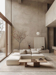 The double-volume living room with soft and gentle colors, minimalist precision, Generative AI