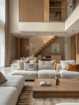 The double-volume living room with soft and gentle colors, decorated with Muji house Style, Generative AI