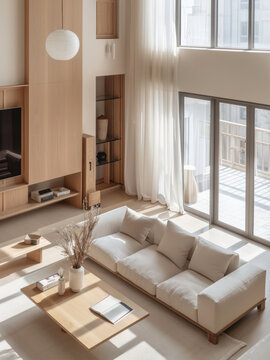The double-volume living room with soft and gentle colors, decorated with Minimal Style, Generative AI