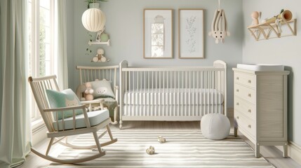 Gender-Neutral Nursery with Rocking Chair, Changing Table, and Crib AI Generated.