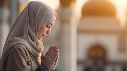 A Muslim woman is engaged in prayer within the mosque.