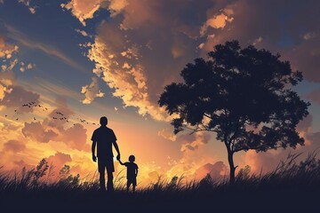 Father and son having fun on a walk, concept of parenthood and family leisure and values, international father's day 
