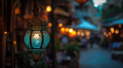 Ornate lantern casts a warm, intricate glow, illuminating a lively street bazaar at dusk, evoking a...