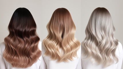 Three women with different hair colors from silver, blonde to redhead, showcasing hair dye results - obrazy, fototapety, plakaty