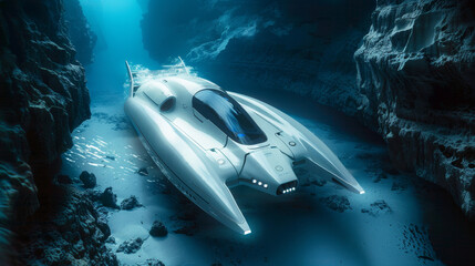 Futuristic Submersible Vehicle in Underwater Cave
