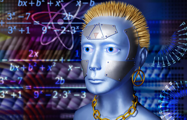 Robot android face portrait on background with algebra formulas. Three-dimensional render
