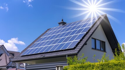 Fototapeta premium Installation of solar panels on a private house. Alternative electricity concept, future ecosystem technologies 
