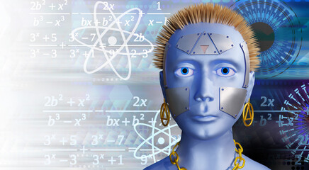 Robot android face portrait on background with algebra formulas. Three-dimensional render
- 754815355