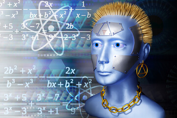 Robot android face portrait on background with algebra formulas. Three-dimensional render
