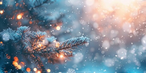 Close-up of a pine branch with delicate snowflakes highlighting the beauty of a serene winter landscape. - Powered by Adobe
