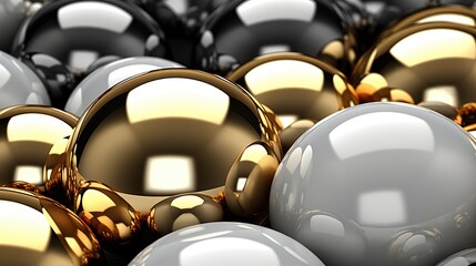 A mesmerizing arrangement of reflective golden and silver orbs, ideal for backgrounds in innovative technology advertisements or as a dynamic element in creative design.