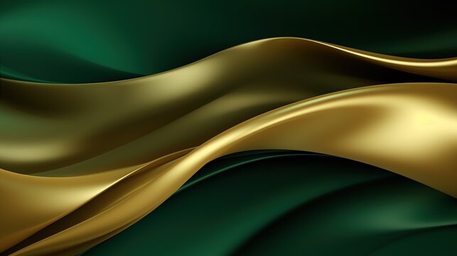 Gleaming gold flows over emerald waves in this luxurious image, perfect for illustrating movement and elegance in high-end product backgrounds or as an abstract concept of wealth.