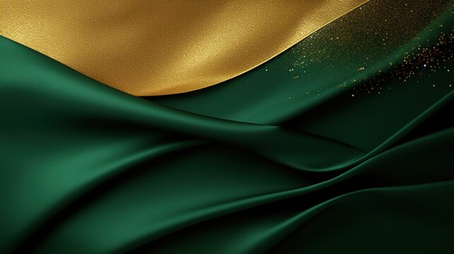 A sumptuous composition showcases the fluid elegance of golden fabric waves over a rich green satin texture, expressing luxury and opulence, ideal as a high-end background