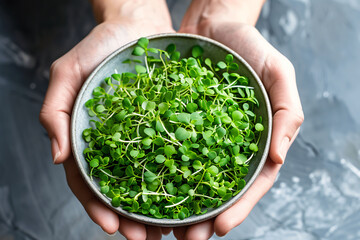 Person holding a bowl of sprouts, a natural food ingredient