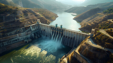 water dam view from above, renewable energy, aerial landscape