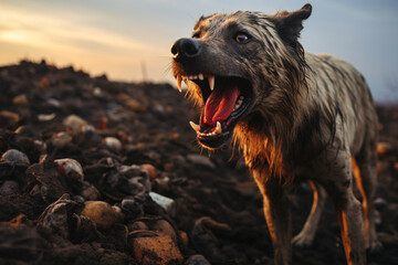 In the rubbish dump there are Striped Hyena biting - obrazy, fototapety, plakaty