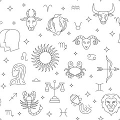 Horoscope Sky Line Seamless Pattern. Vector Illustration of Outline Zodiac Background.