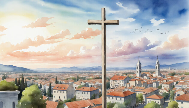 Watercolor painting of a Christian cross over the town on a white background