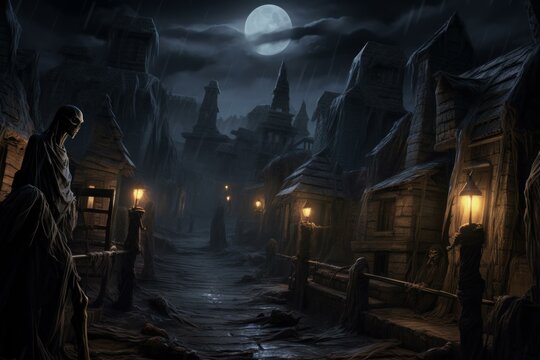 Haunting Mummy night street portrait. Scary monster undead with creepy eyes. Generate Ai