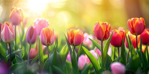 Vibrant tulips flowering under a golden sunrise in a spring meadow.
