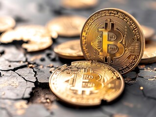 Bitcoin crypto currency gold coin over dry land. Trading on the cryptocurrency exchange. The concept of investing in bitcoin and crypto currency.