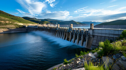 water dam view from above, renewable energy, aerial landscape - obrazy, fototapety, plakaty