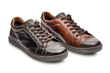 A pair of brown and black stylish mens shoes placed on a plain white background. Isolated