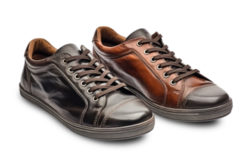 A pair of brown and black stylish mens shoes placed on a plain white background. Isolated
