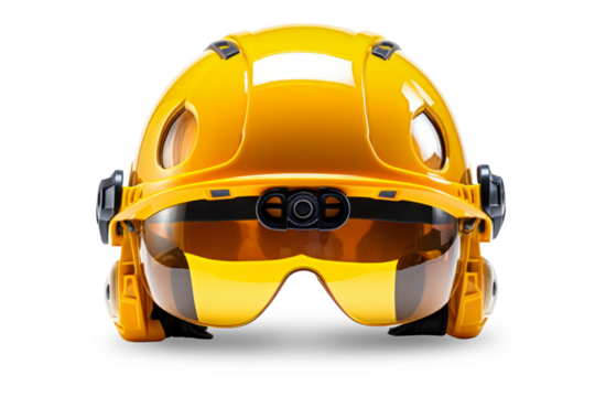 Yellow Construction Helmet With Attached Safety Glasses Isolated on White Background