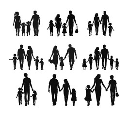 A collection of families holding hands Silhouette vector illustration on a white background