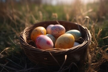 Easter eggs in a basket on a background of green grass.