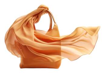 A stylish womans handbag embellished with a long, flowing fabric scarf, adding an elegant touch to the accessory. Isolated