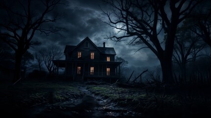 Old house in the dark forest at night. Horror Halloween concept.