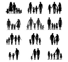 A collection of families holding hands Silhouette vector illustration on a white background