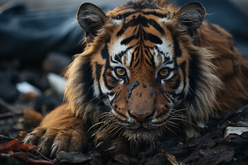 In the rubbish dump there are tigers biting plastic