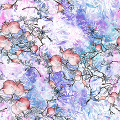 Seamless vintage pattern, blue flowers,Plant in watercolor. Mimosa, acacia and other plants on a branch. Watercolor seamless pattern - fruit ripe pomegranate. Fashionable background.Flower pomegranate - 754818536