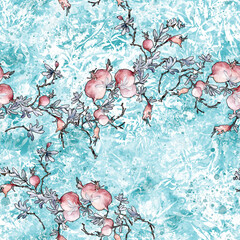 Seamless vintage pattern, blue flowers,Plant in watercolor. Mimosa, acacia and other plants on a branch. Watercolor seamless pattern - fruit ripe pomegranate. Fashionable background.Flower pomegranate - 754818586
